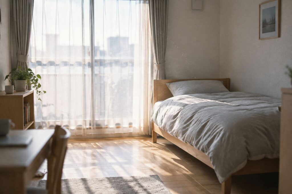 朝の光が入る一人暮らしの部屋と整えたベッド