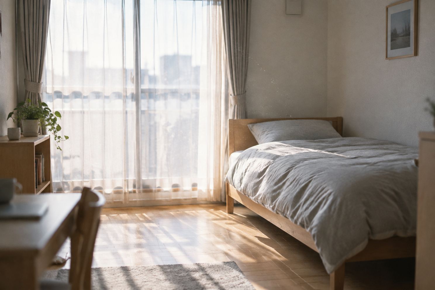 朝の光が入る一人暮らしの部屋と整えたベッド